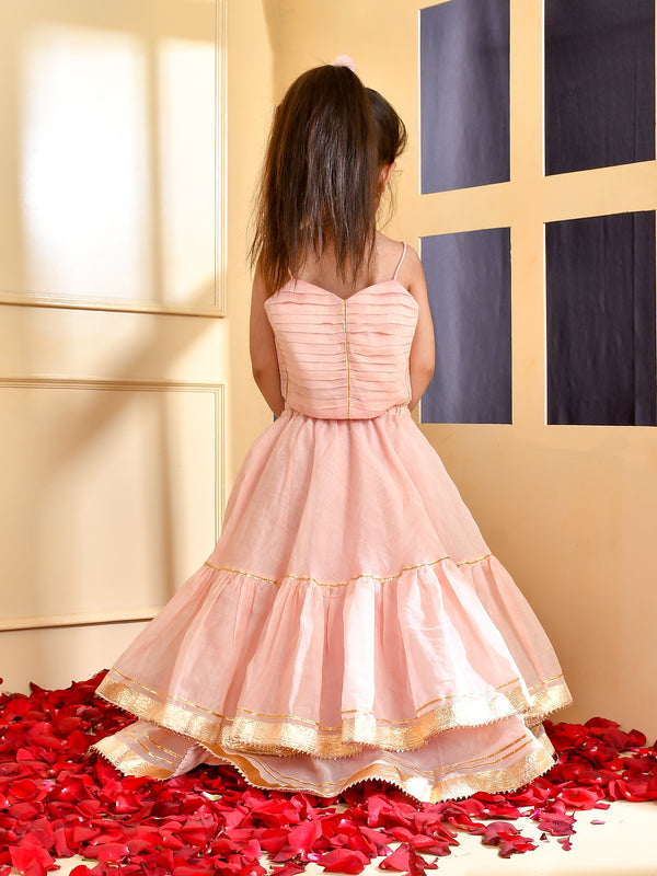 Girls Powder Pink Chanderi Lehenga Set with Gota Lace