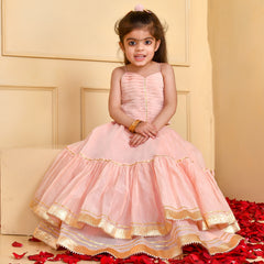 Girls Powder Pink Chanderi Lehenga Set with Gota Lace