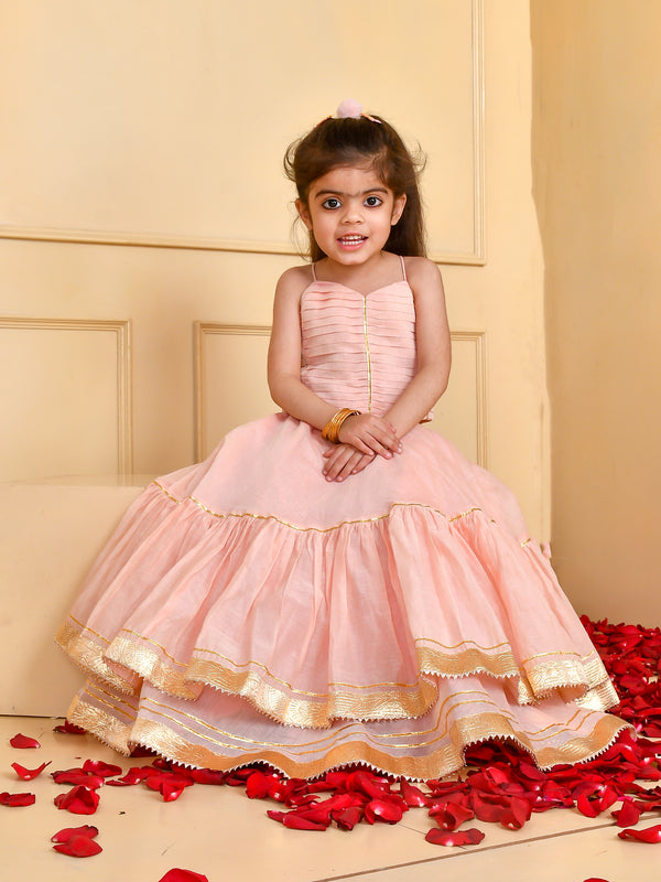 Girls Powder Pink Chanderi Lehenga Set with Gota Lace