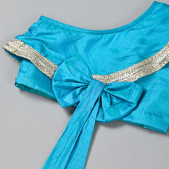 Girls Teal Blue Back Bow Lehenga Set with Gota Lace