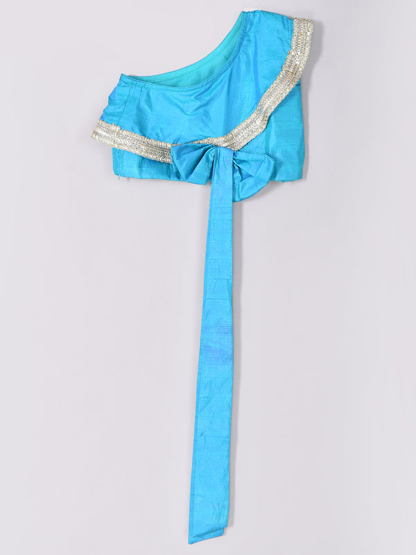 Girls Teal Blue Back Bow Lehenga Set with Gota Lace