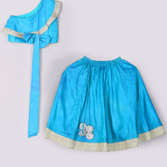 Girls Teal Blue Back Bow Lehenga Set with Gota Lace