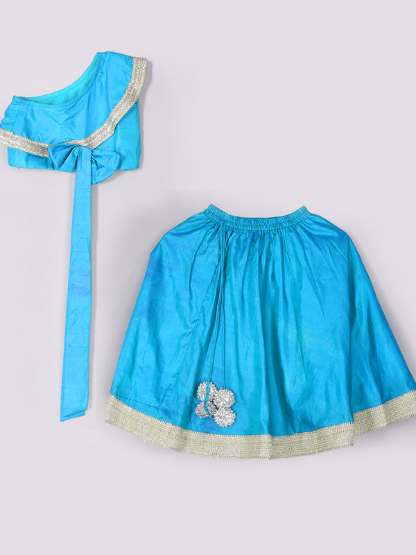 Girls Teal Blue Back Bow Lehenga Set with Gota Lace