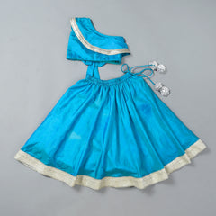 Girls Teal Blue Back Bow Lehenga Set with Gota Lace