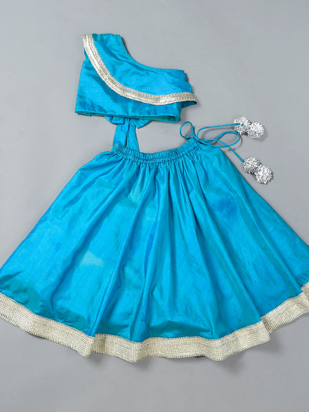 Girls Teal Blue Back Bow Lehenga Set with Gota Lace