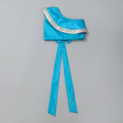 Girls Teal Blue Back Bow Lehenga Set with Gota Lace