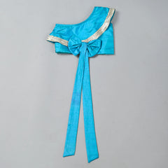 Girls Teal Blue Back Bow Lehenga Set with Gota Lace