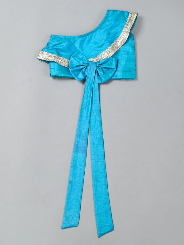 Girls Teal Blue Back Bow Lehenga Set with Gota Lace