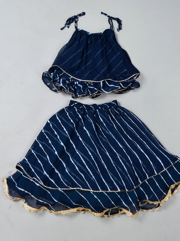 Girls Blue Leheriya Chiffon Skirt and Top Set