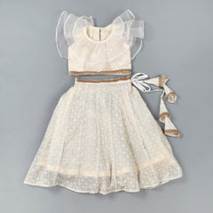Girls White Chikankari Kalidar Lehenga Set in Silk