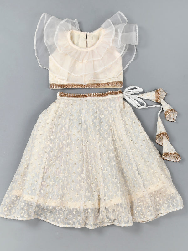 Girls White Chikankari Kalidar Lehenga Set in Silk