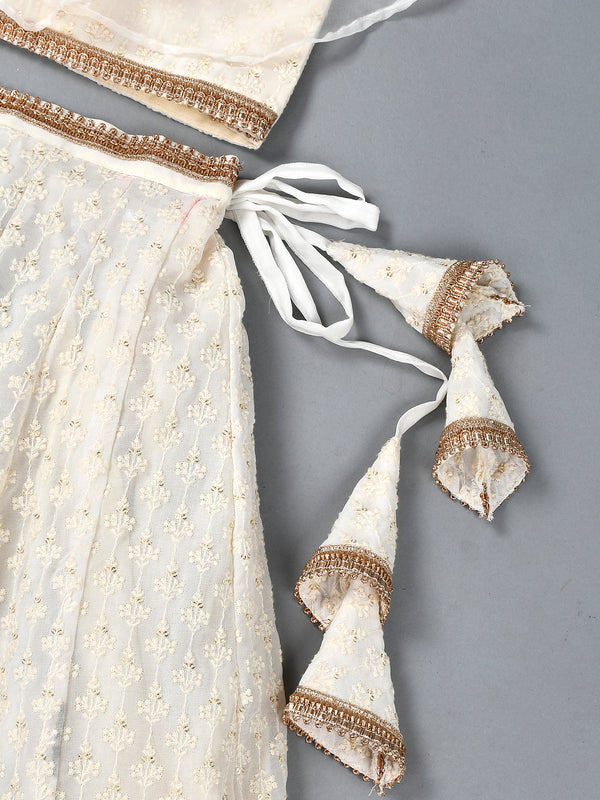 Girls White Chikankari Kalidar Lehenga Set in Silk