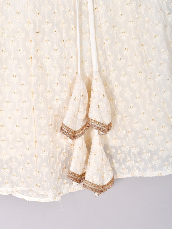Girls White Chikankari Kalidar Lehenga Set in Silk