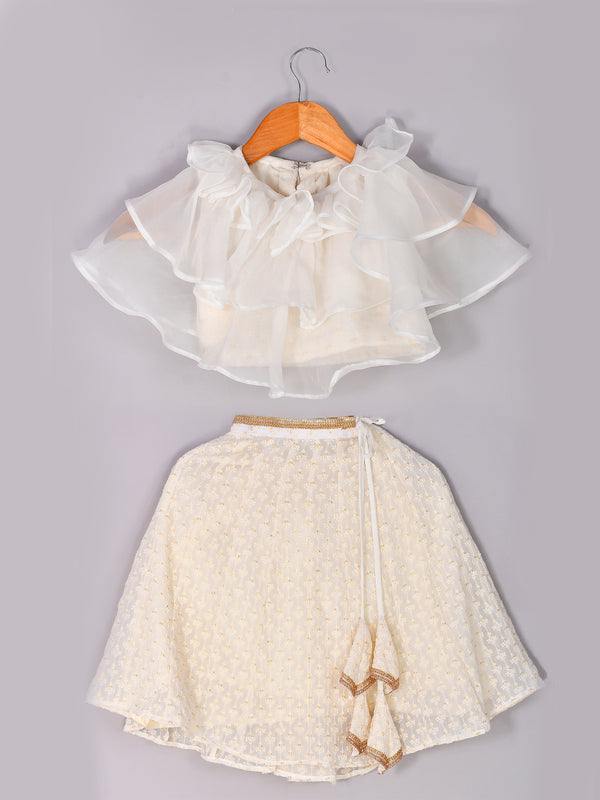 Girls White Chikankari Kalidar Lehenga Set in Silk