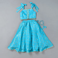 Girls Blue Floral Kota Doriya Skirt and Top Set