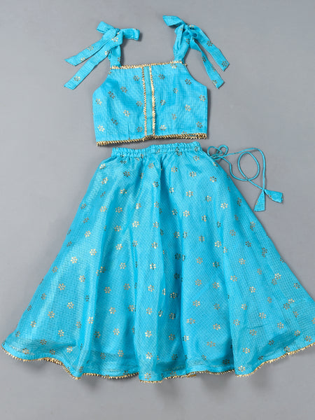 Girls Blue Floral Kota Doriya Skirt and Top Set