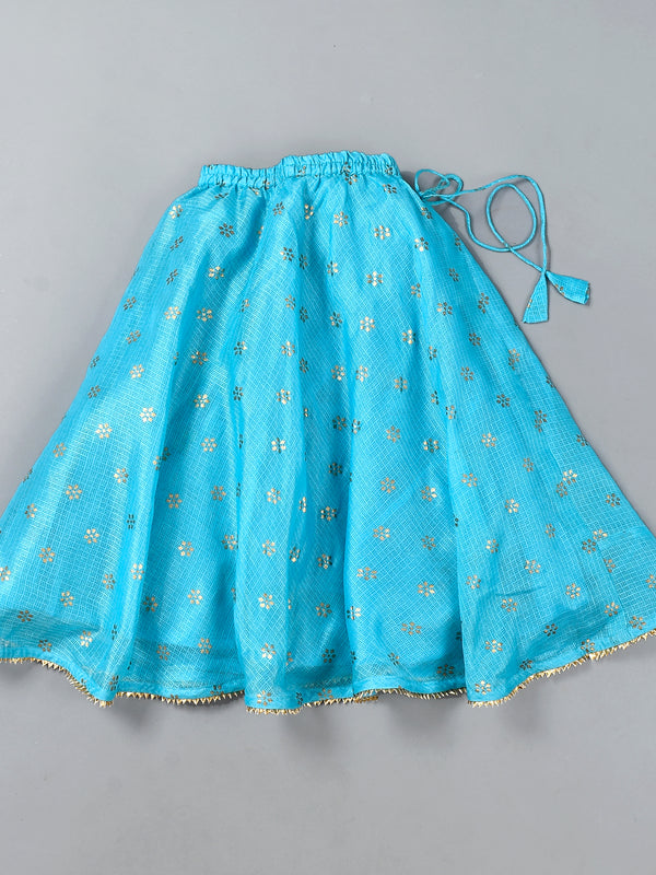 Girls Blue Floral Kota Doriya Skirt and Top Set