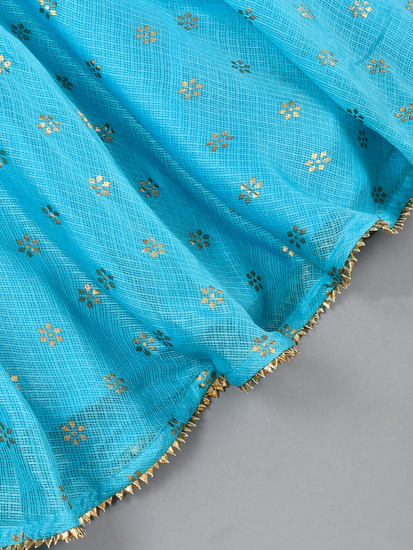 Girls Blue Floral Kota Doriya Skirt and Top Set