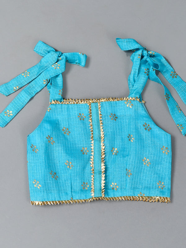 Girls Blue Floral Kota Doriya Skirt and Top Set