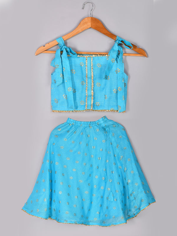 Girls Blue Floral Kota Doriya Skirt and Top Set