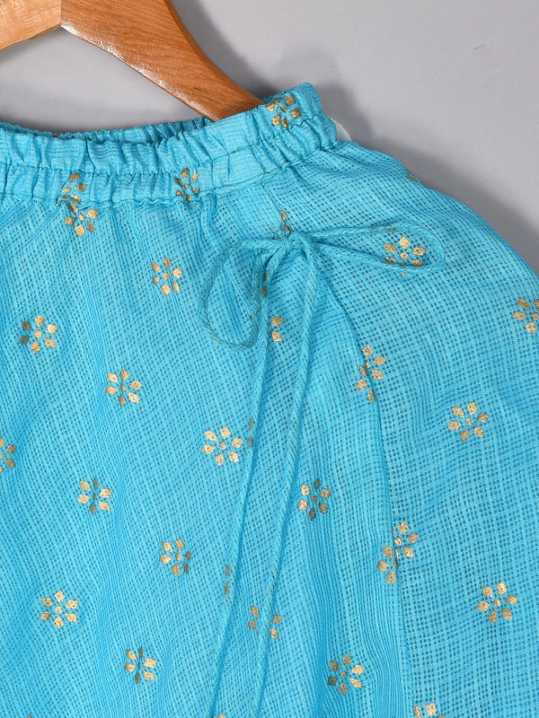 Girls Blue Floral Kota Doriya Skirt and Top Set