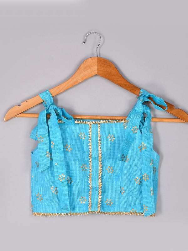 Girls Blue Floral Kota Doriya Skirt and Top Set