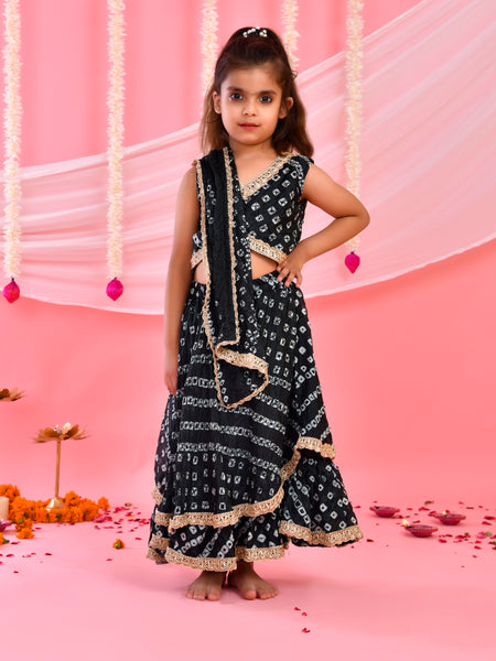 Black Bandhani Kids Double-Layered Lehenga Set
