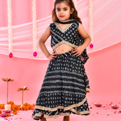 Black Bandhani Kids Double-Layered Lehenga Set