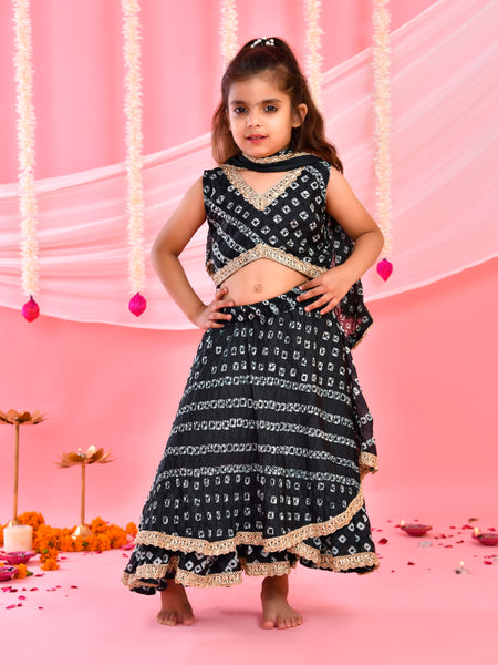 Black Bandhani Kids Double-Layered Lehenga Set