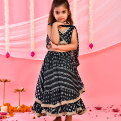Black Bandhani Kids Double-Layered Lehenga Set