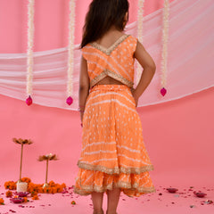 Peach Bandhani Kids Double-Layered Lehenga Set
