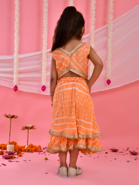 Peach Bandhani Kids Double-Layered Lehenga Set