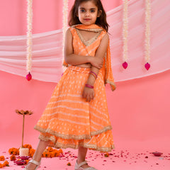 Peach Bandhani Kids Double-Layered Lehenga Set