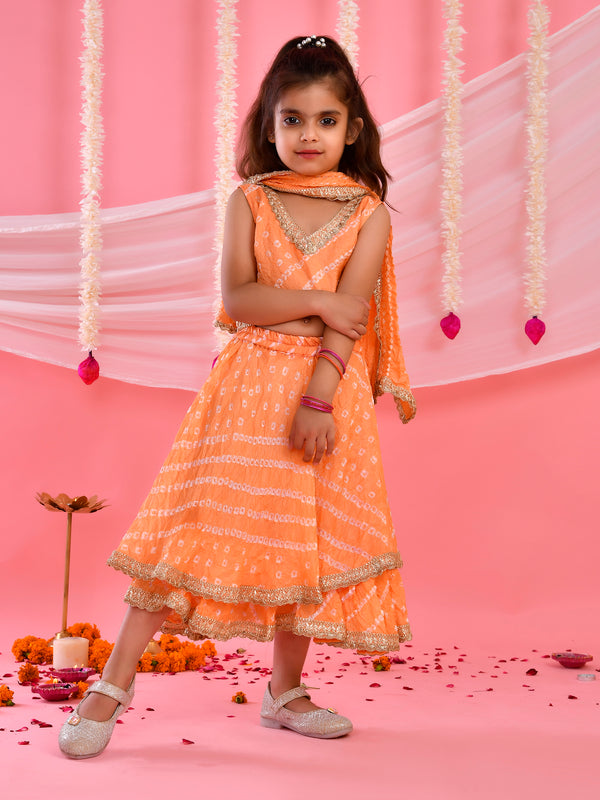 Peach Bandhani Kids Double-Layered Lehenga Set