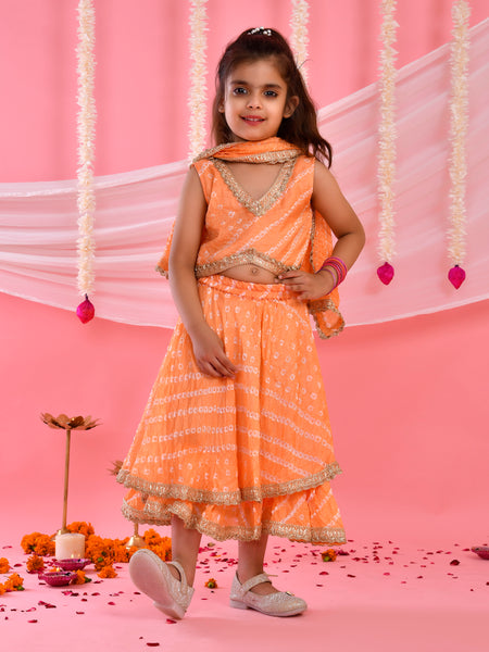 Peach Bandhani Kids Double-Layered Lehenga Set