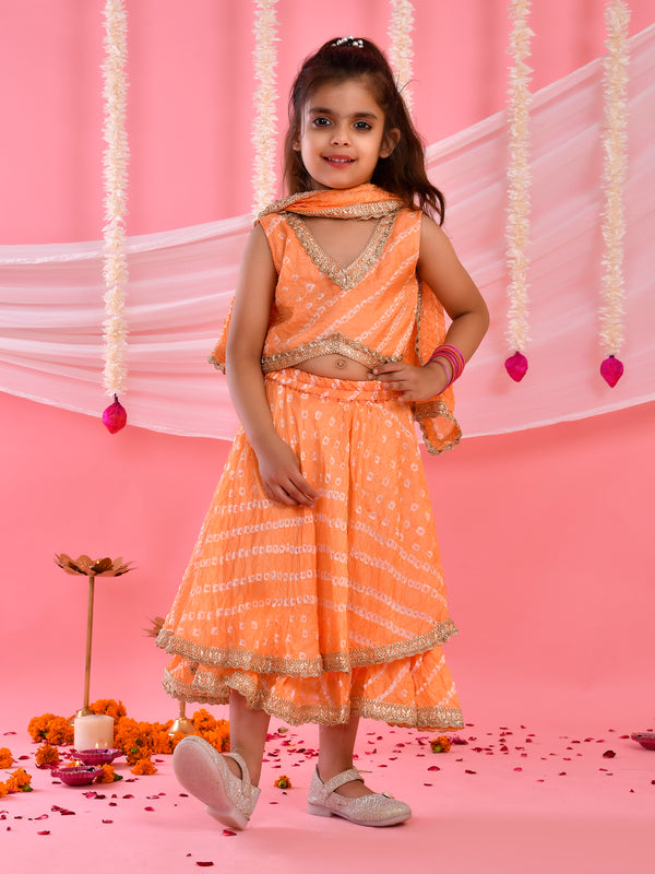 Peach Bandhani Kids Double-Layered Lehenga Set