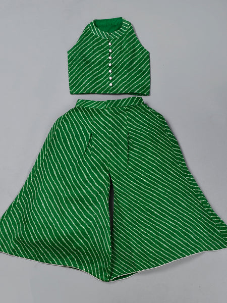 Girls Green Leheriya Crop Top and Palazzo Set