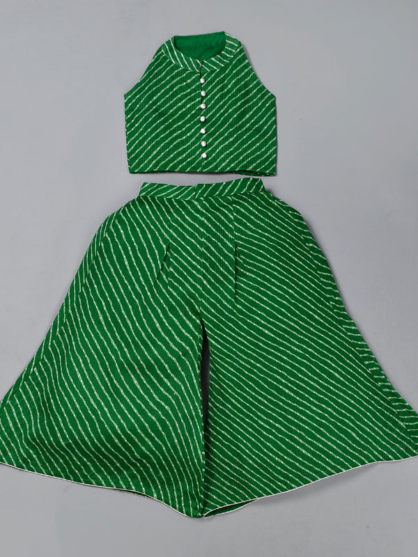 Girls Green Leheriya Crop Top and Palazzo Set