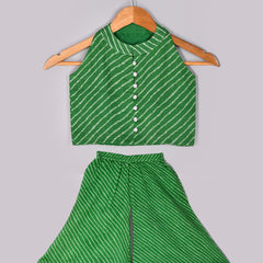 Girls Green Leheriya Crop Top and Palazzo Set