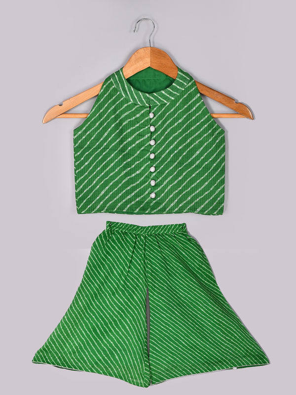 Girls Green Leheriya Crop Top and Palazzo Set