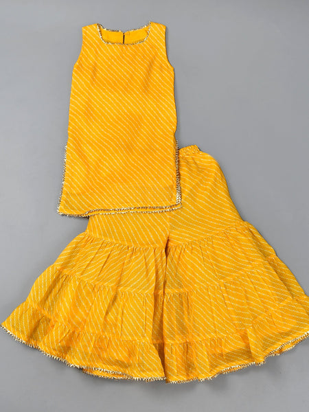 Girls Yellow Leheriya Cotton Kurta and Sharara Set
