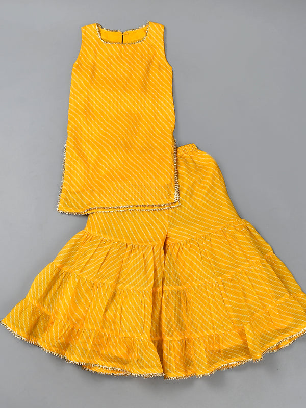 Girls Yellow Leheriya Cotton Kurta and Gharara Set