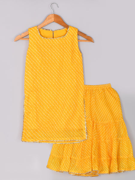 Girls Yellow Leheriya Cotton Kurta and Gharara Set