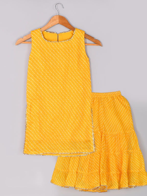 Girls Yellow Leheriya Cotton Kurta and Gharara Set