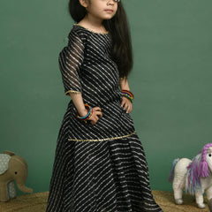 Girls Black Leheriya Kota Doriya Kurta and Skirt Set