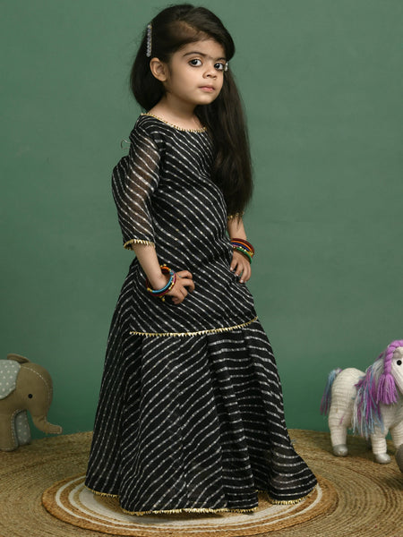 Girls Black Leheriya Kota Doriya Kurta and Skirt Set