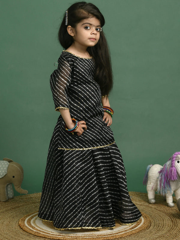Girls Black Leheriya Kota Doriya Kurta and Skirt Set