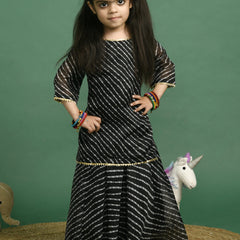 Girls Black Leheriya Kota Doriya Kurta and Skirt Set