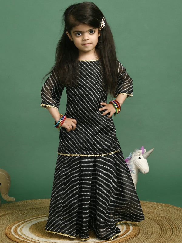Girls Black Leheriya Kota Doriya Kurta and Skirt Set
