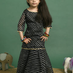 Girls Black Leheriya Kota Doriya Kurta and Skirt Set